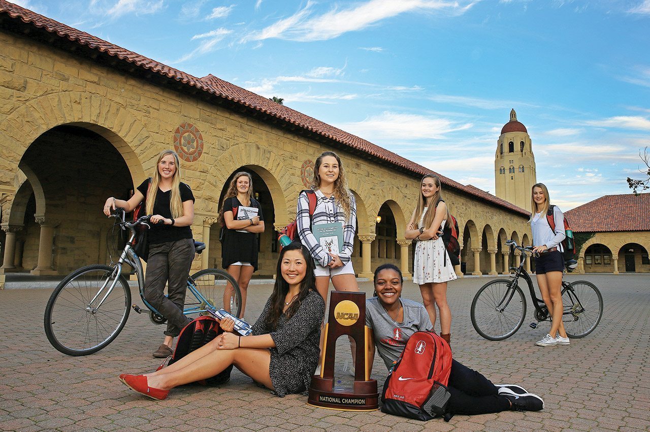 Stanford women's golf team pose for pictures with their National Championship trophy on campus. L to R: Casey Danielson, Calli Ringsby, Lauren Kim, Shannon Aubert, Mariah Stackhouse, Sierra Kersten and Quirine Eijkenboom.