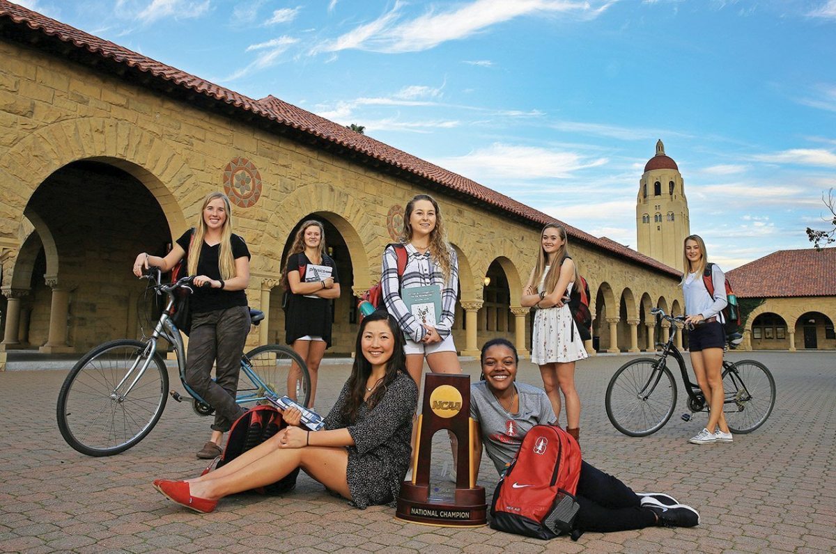 Stanford women's golf team pose for pictures with their National Championship trophy on campus. L to R: Casey Danielson, Calli Ringsby, Lauren Kim, Shannon Aubert, Mariah Stackhouse, Sierra Kersten and Quirine Eijkenboom.