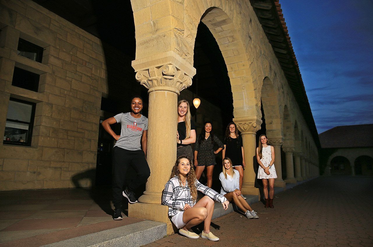 Stanford women's golf team, L to R: Mariah Stackhouse, Casey Danielson, Shannon Aubert (front sitting), Lauren Kim, Quirine Eijkenboom (sitting), Calli Ringsby and Sierra Kersten.