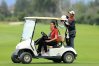 Former Secretary of State, Condoleezza Rice and Stanford golf team's Mariah Stackhouse hitch a ride from head coach, Anne Walker on campus recently.