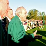 Honorary starter Arnold Palmer attends the ceremonial tee off to start the first round of the 2016 Masters Tournament at Augusta National Golf Club.