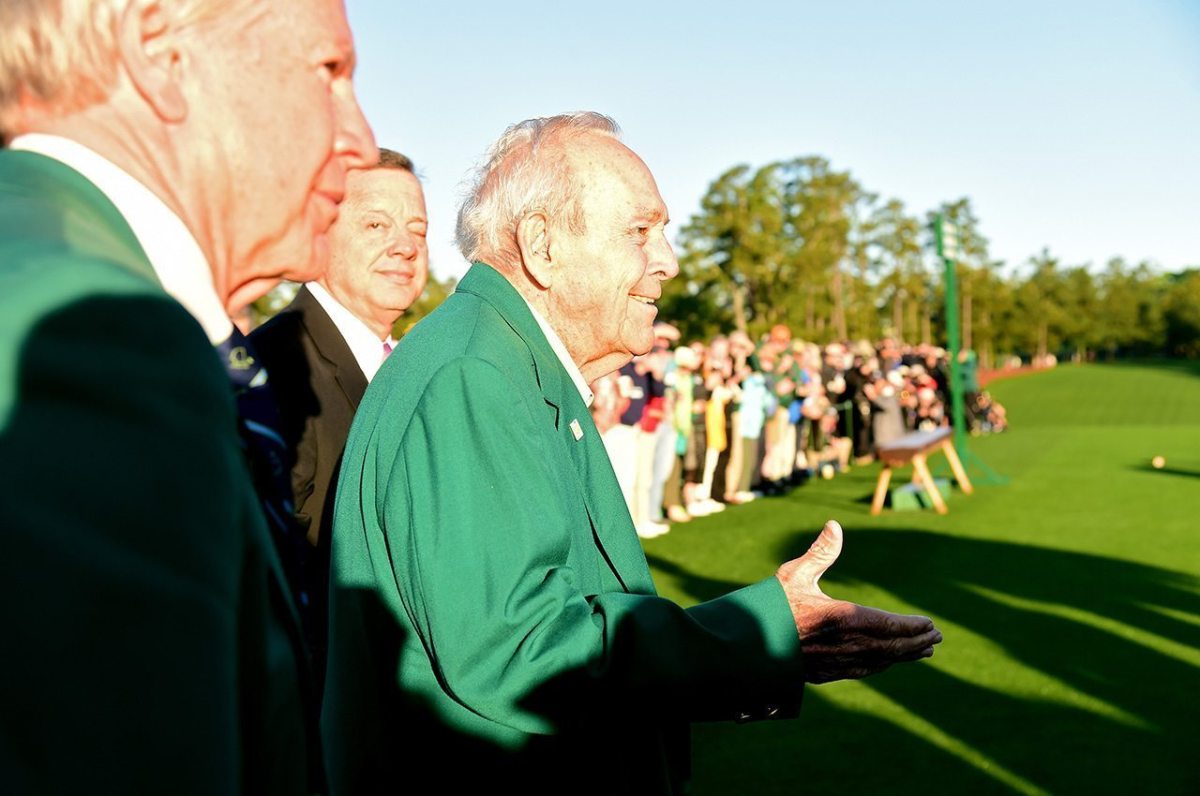 Honorary starter Arnold Palmer attends the ceremonial tee off to start the first round of the 2016 Masters Tournament at Augusta National Golf Club.