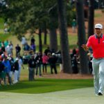 Dustin Johnson reacts on the seventh green during the final round of the 2016 Masters Tournament at Augusta National Golf Club.