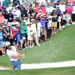 Dustin Johnson plays a shot from a bunker on the second hole during the first round of the 2016 Masters Tournament at Augusta National Golf Club.