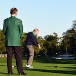 Honorary starter Jack Nicklaus plays his shot from the first tee as Chairman of Augusta National, William Porter Payne looks on during the ceremonial tee off to start the first round of the 2016 Masters Tournament at Augusta National Golf Club.