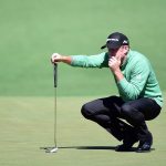 Jamie Donaldsonlines up a putt for birdie on the second green during the first round of the 2016 Masters Tournament at Augusta National Golf Club.
