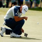 Jason Day reacts to a missed birdie putt on the seventh green during the final round of the 2016 Masters Tournament at Augusta National Golf Club.
