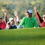 Jim Herman reacts after chipping in for birdie on the first hole during the first round of the 2016 Masters Tournament at Augusta National Golf Club.