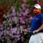 Shane Lowry reacts after putting for par on the 13th green during the first round of the 2016 Masters Tournament at Augusta National Golf Club.