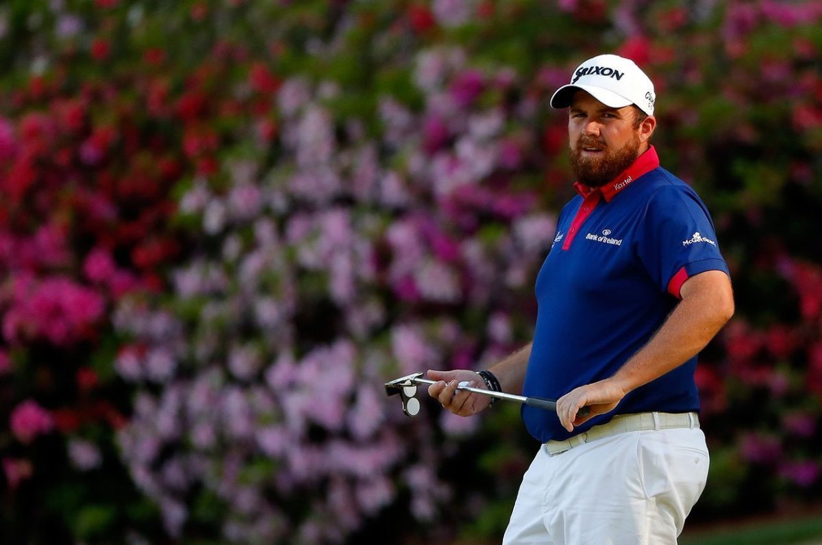 Shane Lowry reacts after putting for par on the 13th green during the first round of the 2016 Masters Tournament at Augusta National Golf Club.
