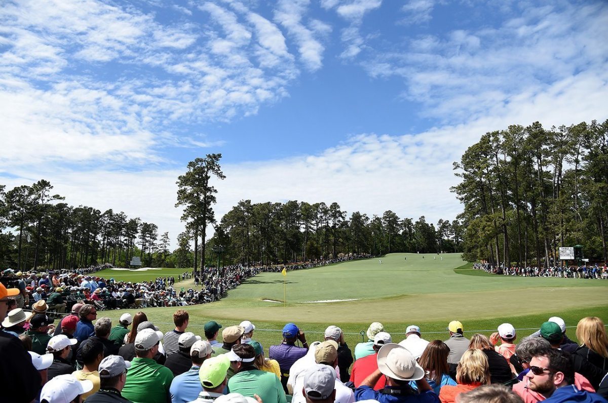 A general view of the second green during the final round of the 2016 Masters Tournament at Augusta National Golf Club.
