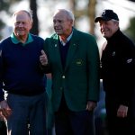 Honorary starters Jack Nicklaus, Arnold Palmer and Gary Player attend the ceremonial tee off to start the first round of the 2016 Masters Tournament at Augusta National Golf Club.