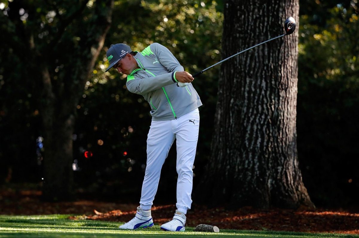 Rickie Fowler plays his shot from the second tee during the first round of the 2016 Masters Tournament at Augusta National Golf Club.