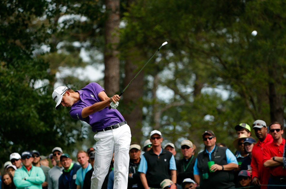 Smylie Kaufman plays his shot from the fourth tee during the final round of the 2016 Masters Tournament at Augusta National Golf Club.
