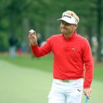Soren Kjeldsen reacts on the first green during the final round of the 2016 Masters Tournament at Augusta National Golf Club.