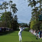 Danny Willett plays his shot from the 18th tee during the final round of the 2016 Masters Tournament at Augusta National Golf Club.