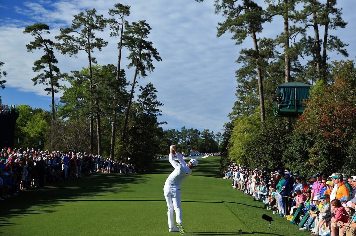 Danny Willett plays his shot from the 18th tee during the final round of the 2016 Masters Tournament at Augusta National Golf Club.