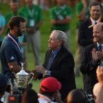 OAKMONT, PA - JUNE 19: Dustin Johnson of the United States celebrates alongside Jack Nicklaus after winning the U.S. Open at Oakmont Country Club on June 19, 2016 in Oakmont, Pennsylvania. (Photo by Ross Kinnaird/Getty Images)