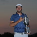 OAKMONT, PA - JUNE 19: Dustin Johnson of the United States poses with the winner's trophy after winning the U.S. Open at Oakmont Country Club on June 19, 2016 in Oakmont, Pennsylvania. (Photo by Sam Greenwood/Getty Images)