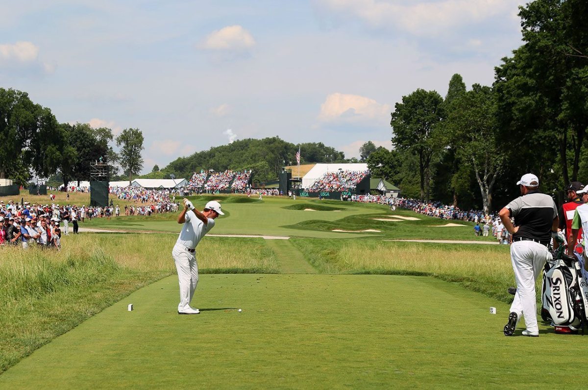 OAKMONT, PA - JUNE 19: Andrew Landry of the United States plays his shot from the second tee during the final round of the U.S. Open at Oakmont Country Club on June 19, 2016 in Oakmont, Pennsylvania.