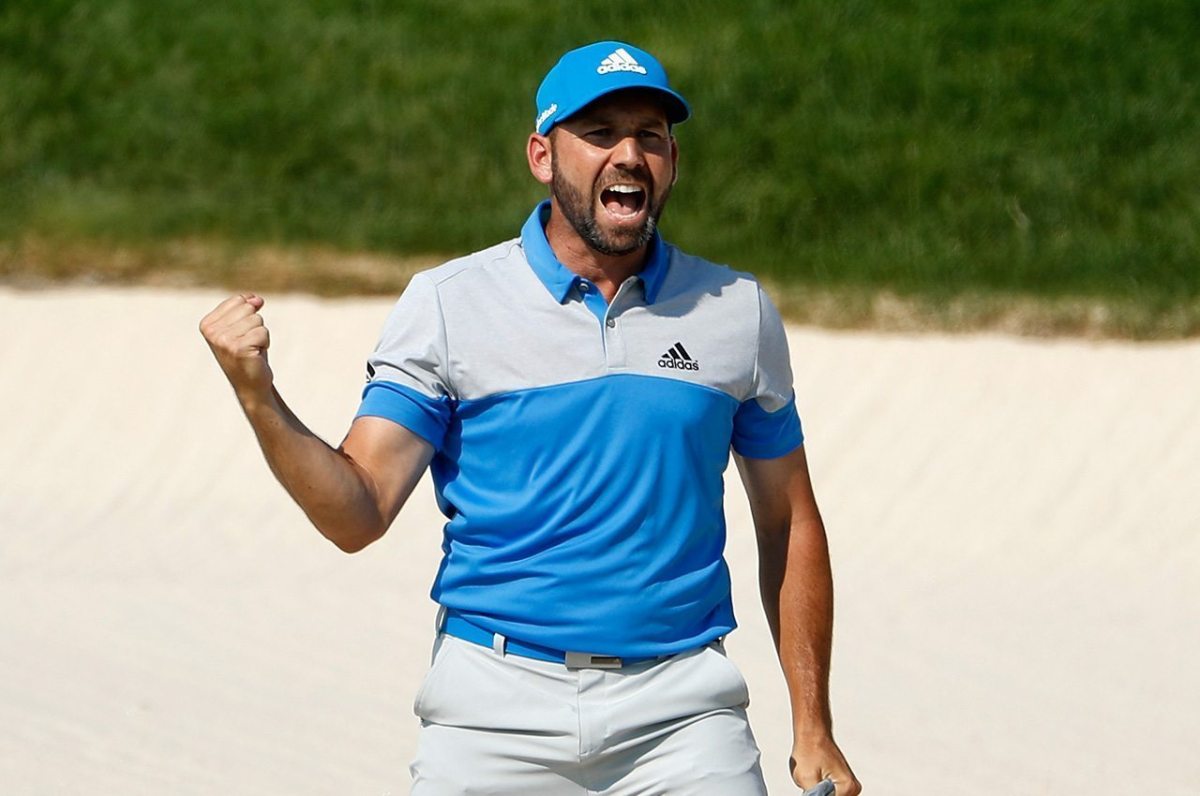 OAKMONT, PA - JUNE 19: Sergio Garcia of Spain reacts after holing a bunker shot for birdie on the eighth hole during the final round of the U.S. Open at Oakmont Country Club on June 19, 2016 in Oakmont, Pennsylvania. (Photo by Christian Petersen/Getty Images)
