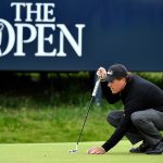 Phil Mickelson lines up on the 9th green during the final round of the British Open. (Getty Images)