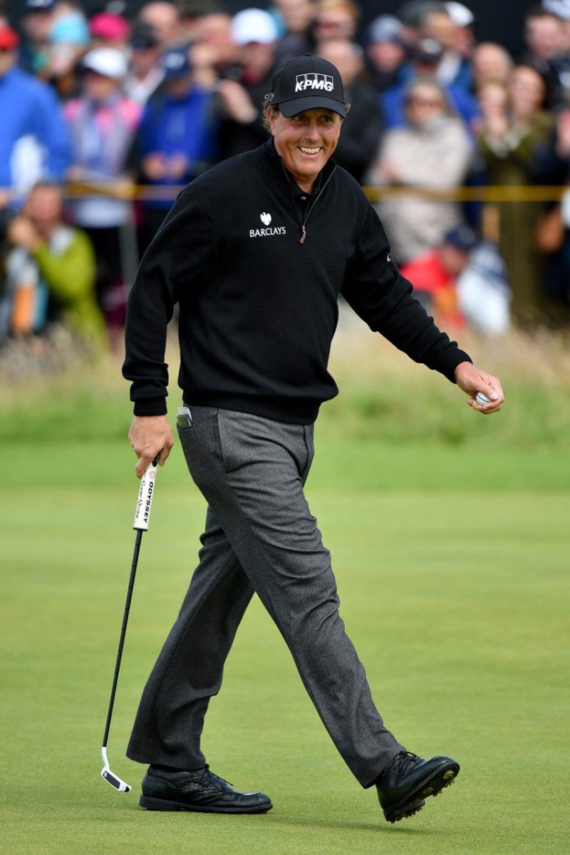 Phil Mickelson reacts on the 2nd green during the final round of the British Open. (Getty Images)