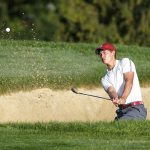 Maverick McNealy blasts out of a bunker on the 10th hole during a playoff for match play of the 2016 U.S. Amateur at Oakland Hills Country Club in Bloomfield Hills, Mich. on Wednesday, Aug. 17, 2016.