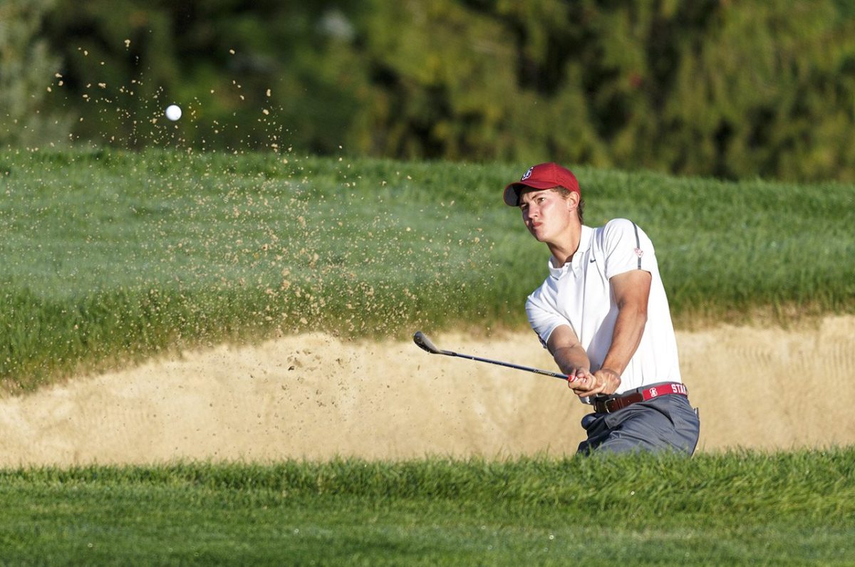 Maverick McNealy blasts out of a bunker on the 10th hole during a playoff for match play of the 2016 U.S. Amateur at Oakland Hills Country Club in Bloomfield Hills, Mich. on Wednesday, Aug. 17, 2016.