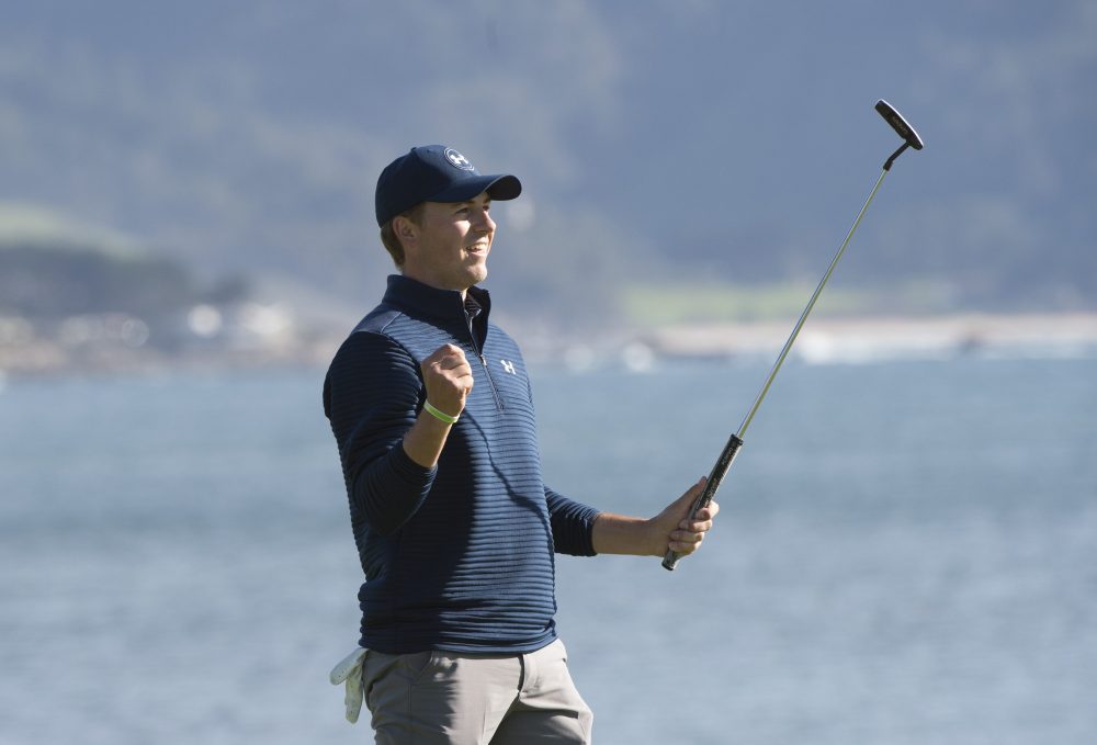 Feb 12, 2017; Pebble Beach, CA, USA; Jordan Spieth celebrates winning the AT&T Pebble Beach Pro-Am golf tournament at Pebble Beach Golf Links. Mandatory Credit: Michael Madrid-USA TODAY Sports
