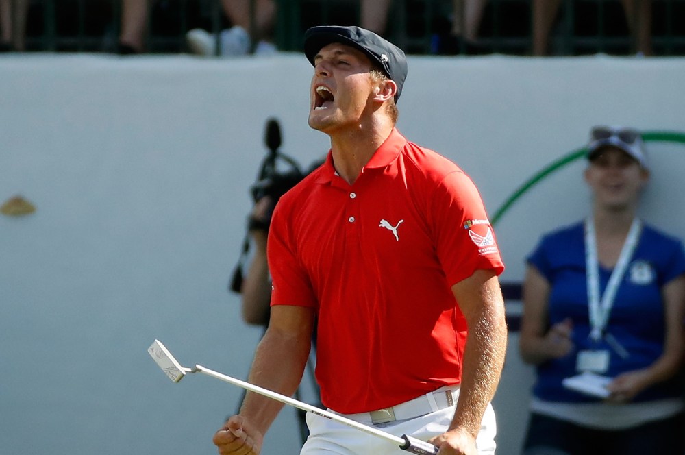 SILVIS, IL - JULY 16: Bryson DeChambeau reacts to a birdie putt on the 18th green during the final round of the John Deere Classic at TPC Deere Run on July 16, 2017 in Silvis, Illinois. (Photo by Stacy Revere/Getty Images)