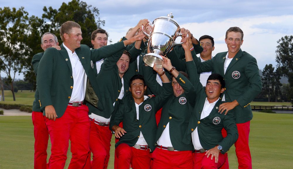 LOS ANGELES, CA - SEPTEMBER 10: (top then bottom row left to right) Team captain John "Spider" Miller, Maverick McNealy, Will Zalatoris, Stewart Hagestad, Norman Xiong, Cameron Champ, Braden Thornberry, Doc Redman, Collin Morikawa, Scottie Scheffler, and Doug Ghim pose with the Walker Cup Trophy after defeating the Great Britain and Ireland Team 19-7 at the 2017 Walker Cup on September 10, 2017 at the Los Angeles Country Club in Los Angeles, California. (Photo by Robert Laberge/Getty Images)