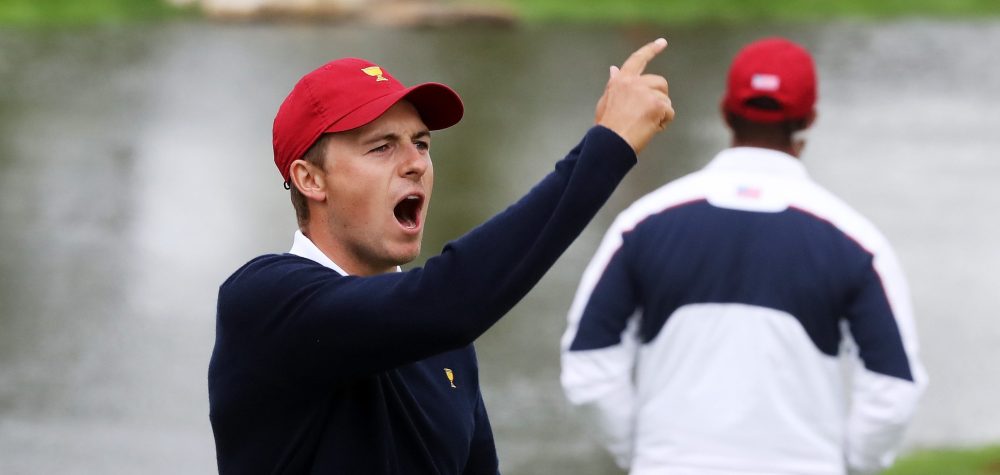 JERSEY CITY, NJ - SEPTEMBER 30: Jordan Spieth of the U.S. Team reacts on the 12th green during Saturday four-ball matches of the Presidents Cup at Liberty National Golf Club on September 30, 2017 in Jersey City, New Jersey. (Photo by Sam Greenwood/Getty Images)