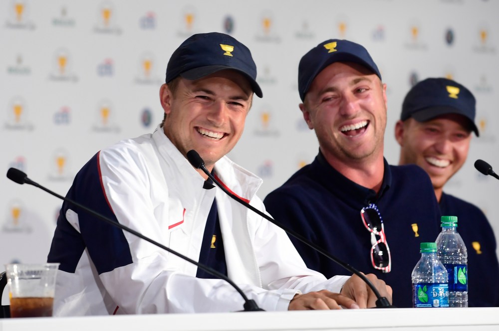 JERSEY CITY, NJ - OCTOBER 01: Justin Thomas of the U.S. Team and Jordan Spieth of the U.S. Team speak to the media during a press conference during the Sunday singles matches at the Presidents Cup at Liberty National Golf Club on October 1, 2017, in Jersey City, New Jersey. (Photo by Ryan Young/PGA TOUR)