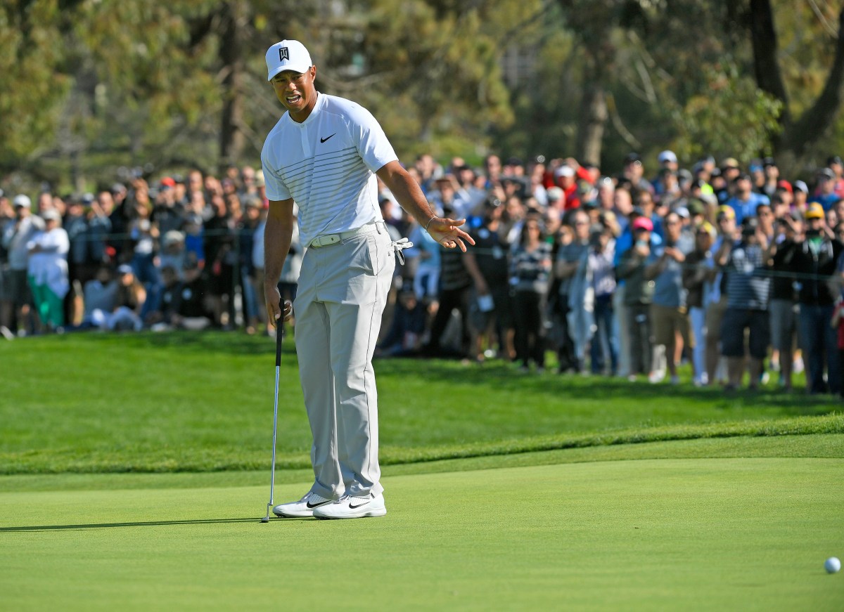 Tiger Woods was not please after he missed this putt in Round 3 of the Farmers Insurance Open Saturday. (Stan Badz/PGA TOUR)