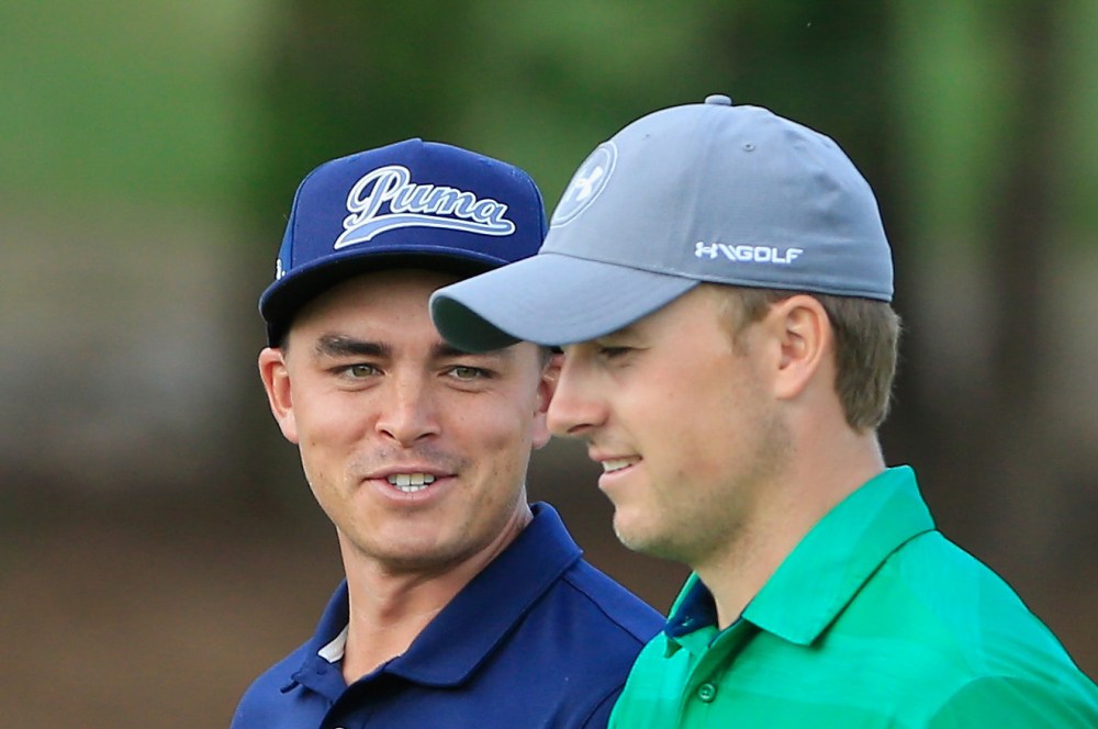 PONTE VEDRA BEACH, FL - MAY 10: Rickie Fowler and Jordan Spieth walk down a fairway together during a practice round prior to the start of THE PLAYERS Championship on the Stadium Course at TPC Sawgrass on May 10, 2016 in Ponte Vedra Beach, Florida. (Photo by Scott Halleran/Getty Images)
