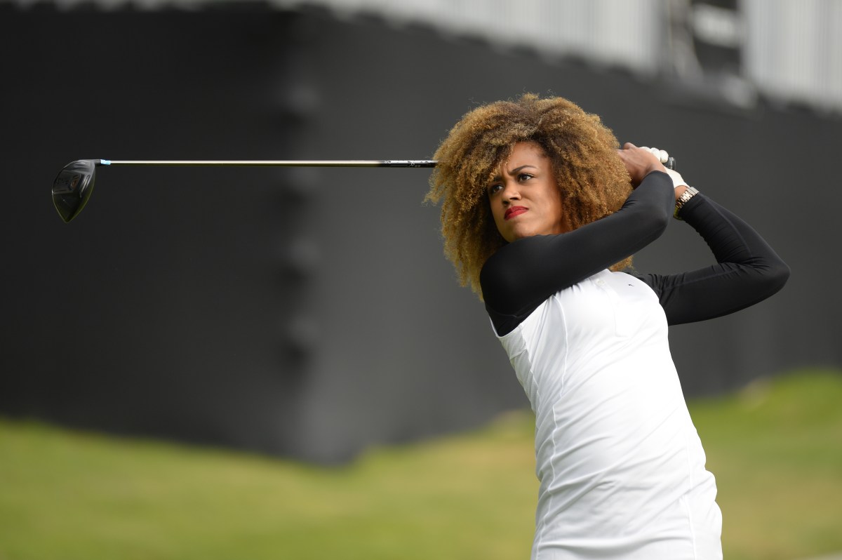 Long drive champ Troy Mullins shows off her swing during Genesis Pro-Am day at the 2018 Genesis Open at Riviera Country Club in Los Angeles. (TGR Live/JD Cuban.)
