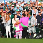 Apr 8, 2018; Augusta, GA, USA; Patrick Reed leaves the 18th green with his wife Justine after winning the Masters golf tournament at Augusta National Golf Club. Mandatory Credit: Rob Schumacher-USA TODAY Sports