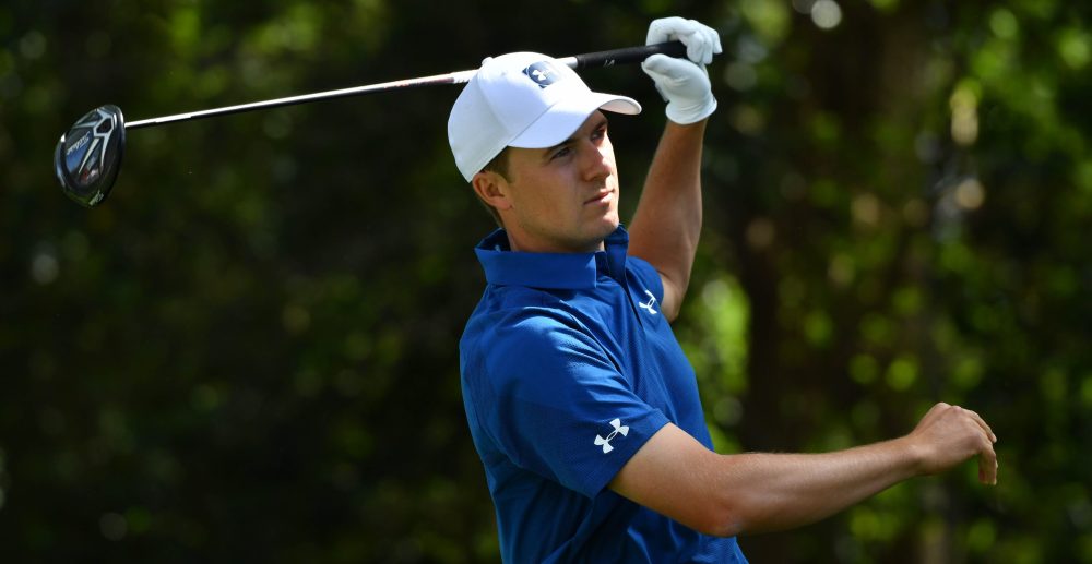 Apr 6, 2018; Augusta, GA, USA; Jordan Spieth reacts after hitting his tee shot on the 2nd hole during the second round of the Masters golf tournament at Augusta National Golf Club. Mandatory Credit: Michael Madrid-USA TODAY Sports