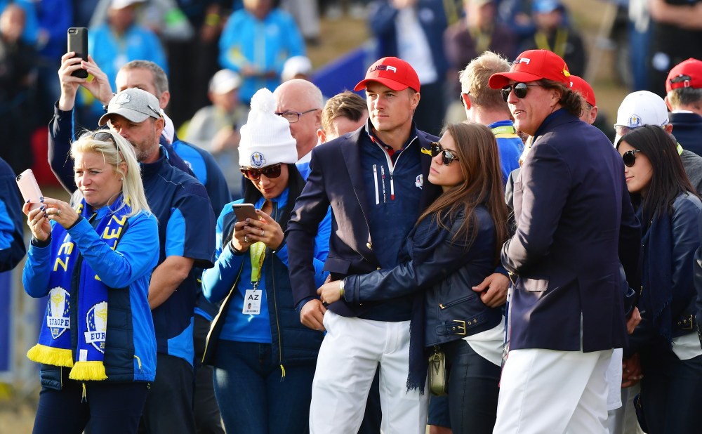 PARIS, FRANCE - SEPTEMBER 30: Jordan Spieth of the United States and fiance Annie Verret react following defeat during singles matches of the 2018 Ryder Cup at Le Golf National on September 30, 2018 in Paris, France. (Photo by Stuart Franklin/Getty Images)