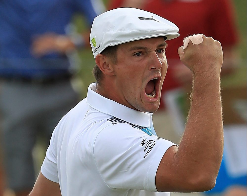 LAS VEGAS, NV - NOVEMBER 04: Bryson DeChambeau reacts to making an eagle on the 16th hole during the final round of the Shriners Hospitals for Children Open at TPC Summerlin on November 4, 2018 in Las Vegas, Nevada. (Photo by Mike Ehrmann/Getty Images)