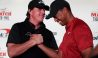 LAS VEGAS, NV - NOVEMBER 20: (L-R) Phil Mickelson and Tiger Woods shake hands during a press conference before The Match at Shadow Creek Golf Course on November 20, 2018 in Las Vegas, Nevada. (Photo by Harry How/Getty Images for The Match)