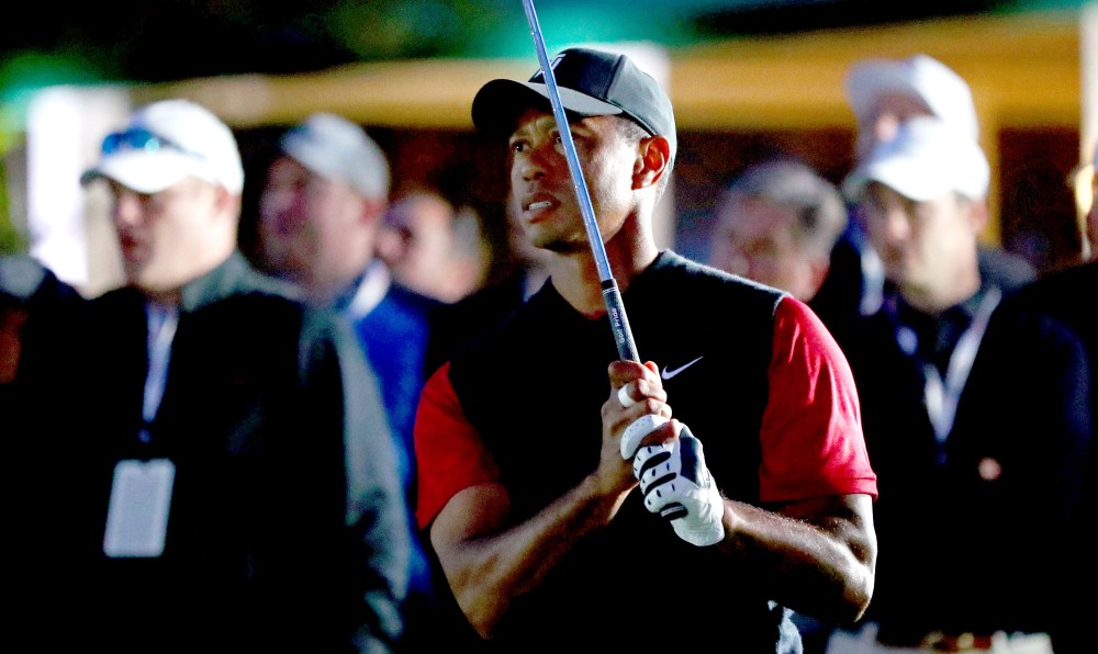 Nov 23, 2018; Las Vegas, NV, USA; Tiger Woods plays his shot from the 17th tee during The Match: Tiger vs Phil golf match at Shadow Creek Golf Course. Mandatory Credit: Rob Schumacher-USA TODAY Sports