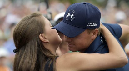 Apr 12, 2015; Augusta, GA, USA; Jordan Spieth hugs girlfriend Annie Verret after winning The Masters golf tournament at Augusta National Golf Club. Mandatory Credit: Michael Madrid-USA TODAY Sports