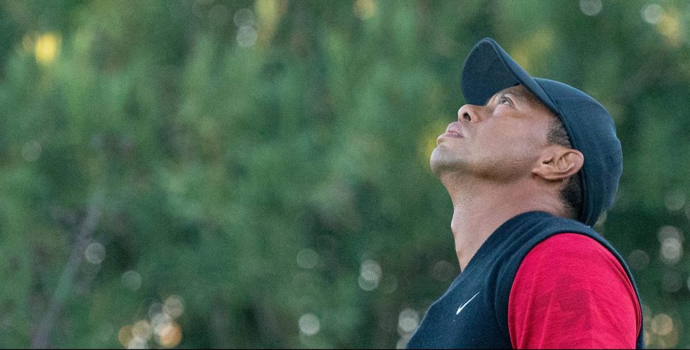 November 23, 2018; Las Vegas, NV, USA; Tiger Woods reacts after his tee shot on the 17th hole during The Match: Tiger vs Phil golf match at Shadow Creek Golf Course. Mandatory Credit: Kyle Terada-USA TODAY Sports