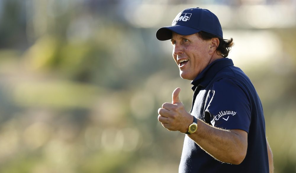SCOTTSDALE, ARIZONA - JANUARY 31: Phil Mickelson reacts on the 16th green during the first round of the Waste Management Phoenix Open at TPC Scottsdale on January 31, 2019 in Scottsdale, Arizona. (Photo by Michael Reaves/Getty Images)