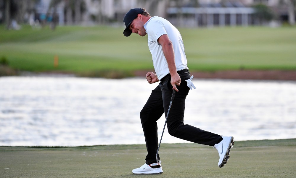 Mar 3, 2019; Palm Beach Gardens, FL, USA; Keith Mitchell reacts after making a birdie putt on the 18th green during the final round of The Honda Classic golf tournament at PGA National (Champion). Mandatory Credit: Jasen Vinlove-USA TODAY Sports