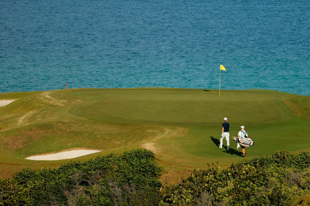 Maverick McNealy walks onto the 16th green during the first round of the Bermuda Championship at Port Royal Golf Course on October 29, 2020 in Southampton, Bermuda