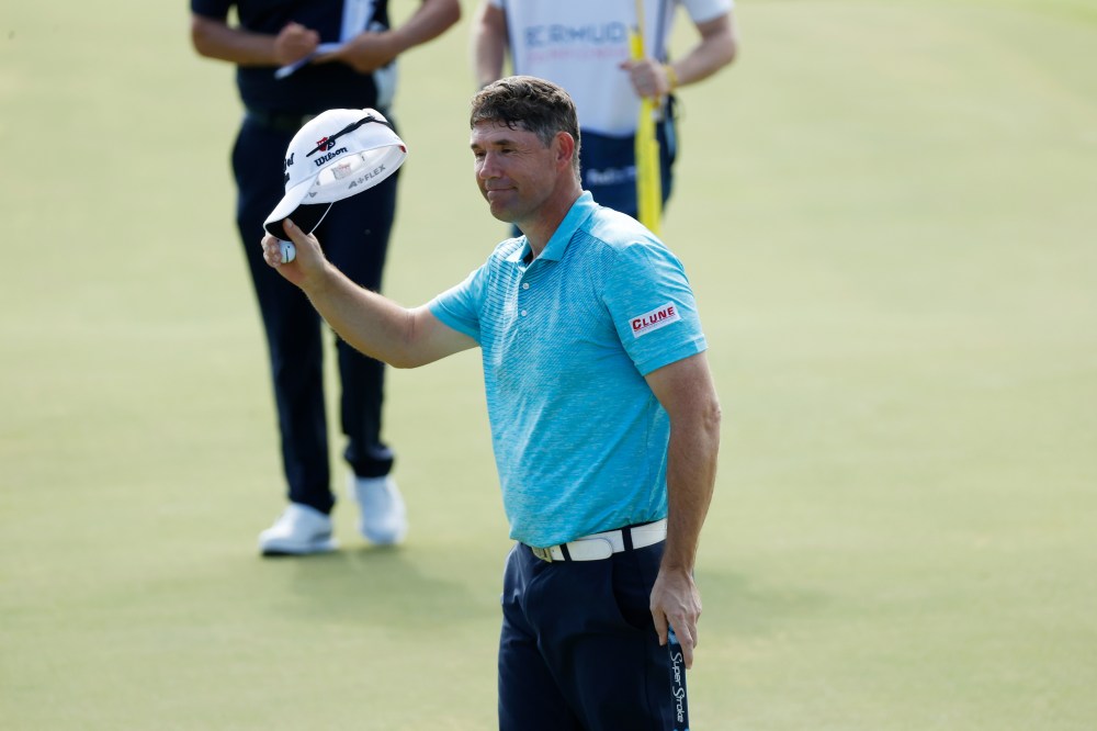 Padraig Harrington reacts after finishing on the 18th green during the first round of the Bermuda Championship at Port Royal Golf Course on October 29, 2020 in Southampton, Bermuda