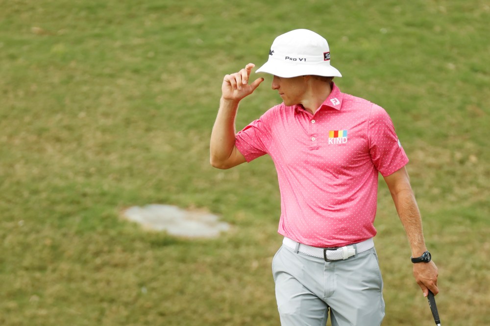 Peter Malnati reacts to his birdie on the 18th green during the first round of the Bermuda Championship at Port Royal Golf Course on October 29, 2020 in Southampton, Bermuda